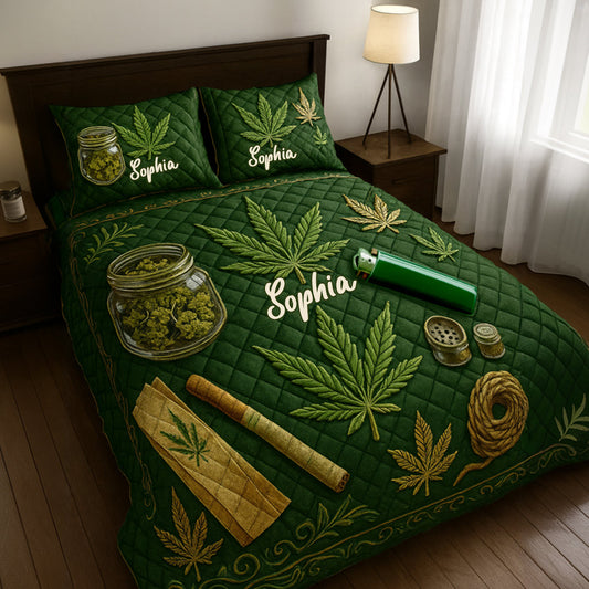 Magic Green Pink Leaf - Personalized Weed Quilt Set