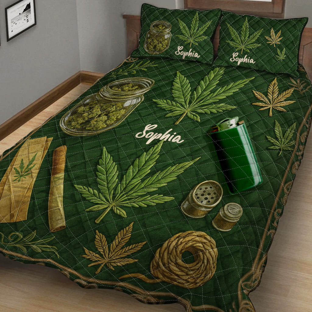 Magic Green Pink Leaf - Personalized Weed Quilt Set