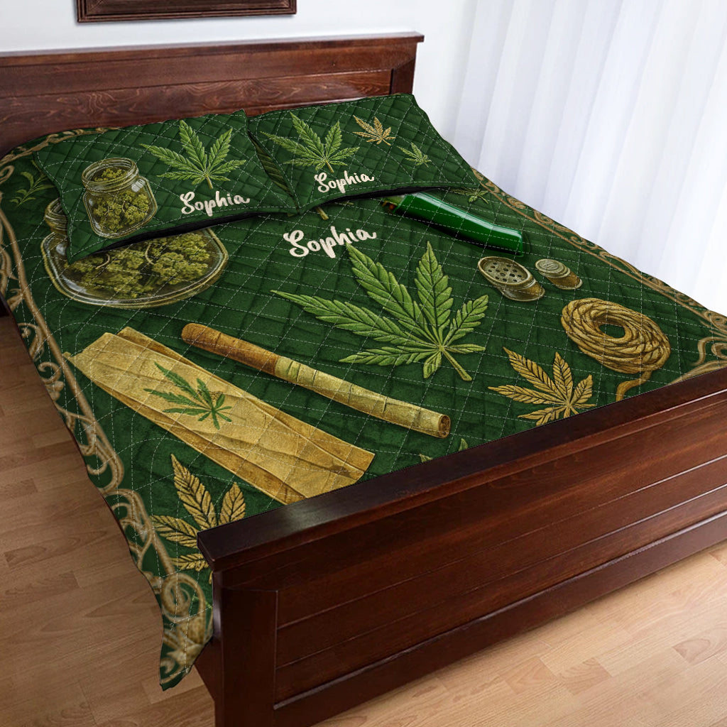 Magic Green Pink Leaf - Personalized Weed Quilt Set