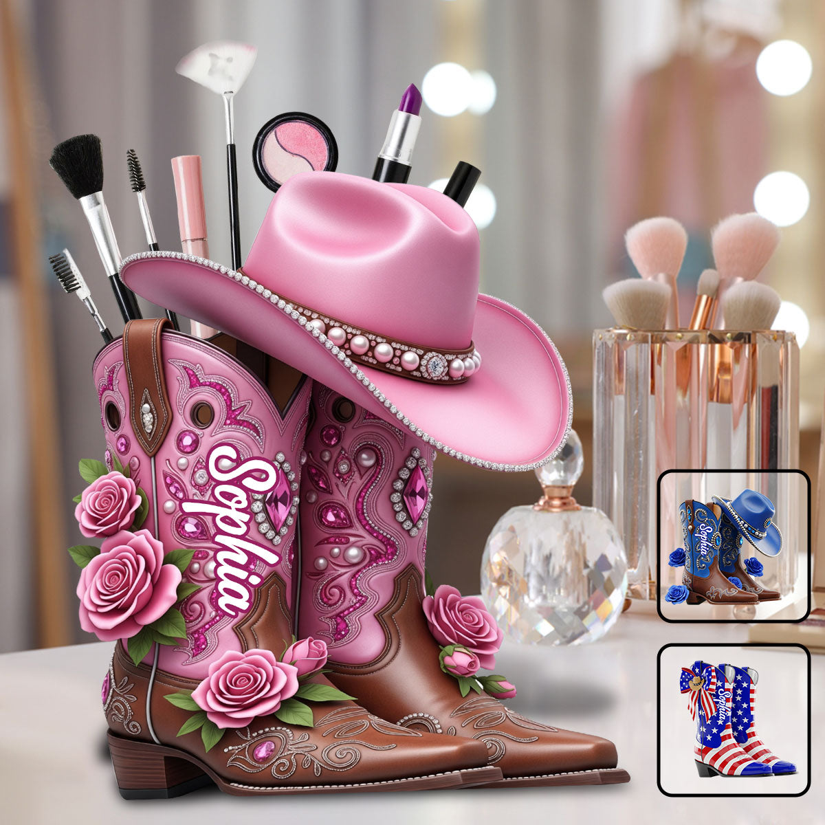Cowgirl-Stiefel – Personalisierter Schminkpinselhalter aus Holz im Cowgirl-Stil