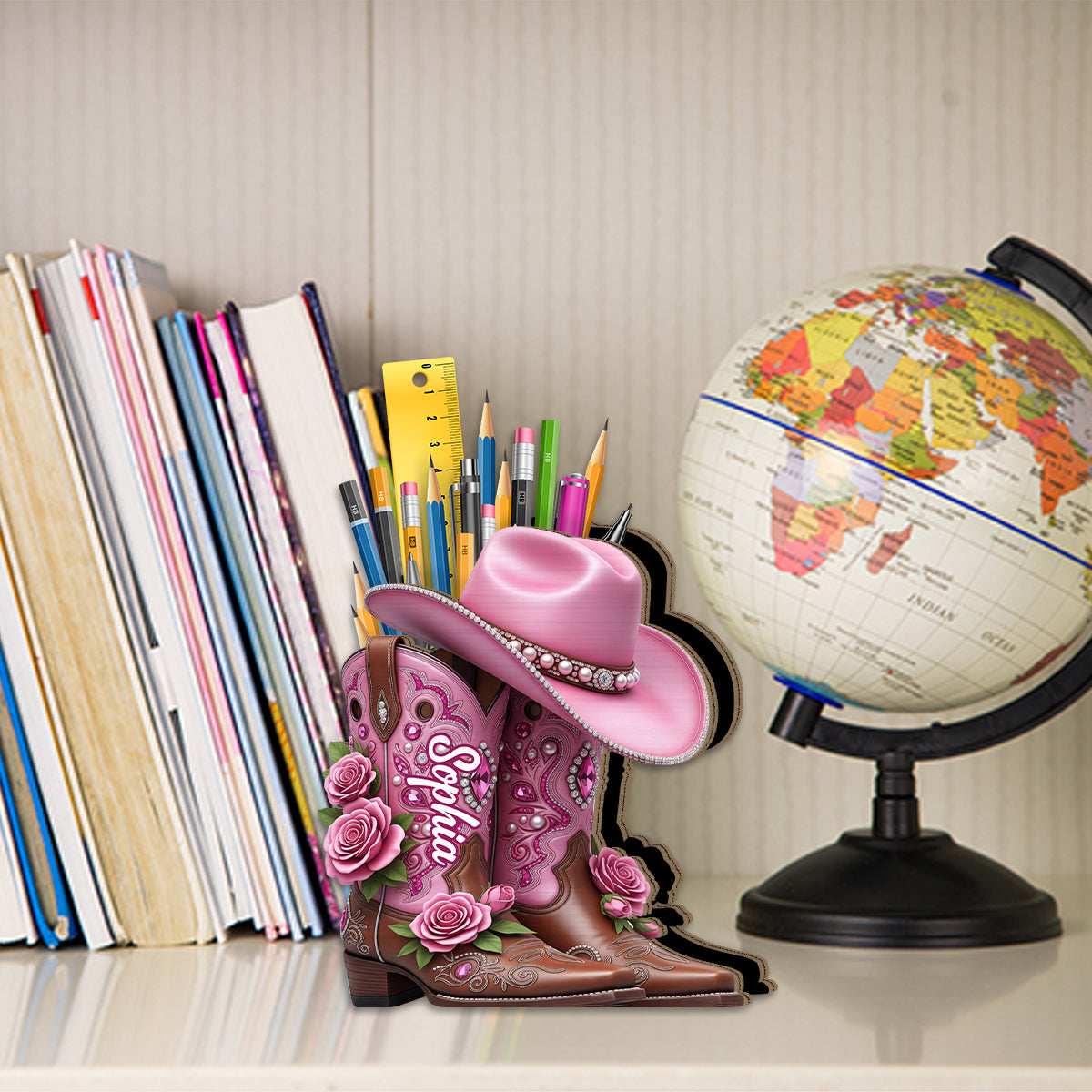 Cowgirl-Stiefel – Personalisierter Schminkpinselhalter aus Holz im Cowgirl-Stil