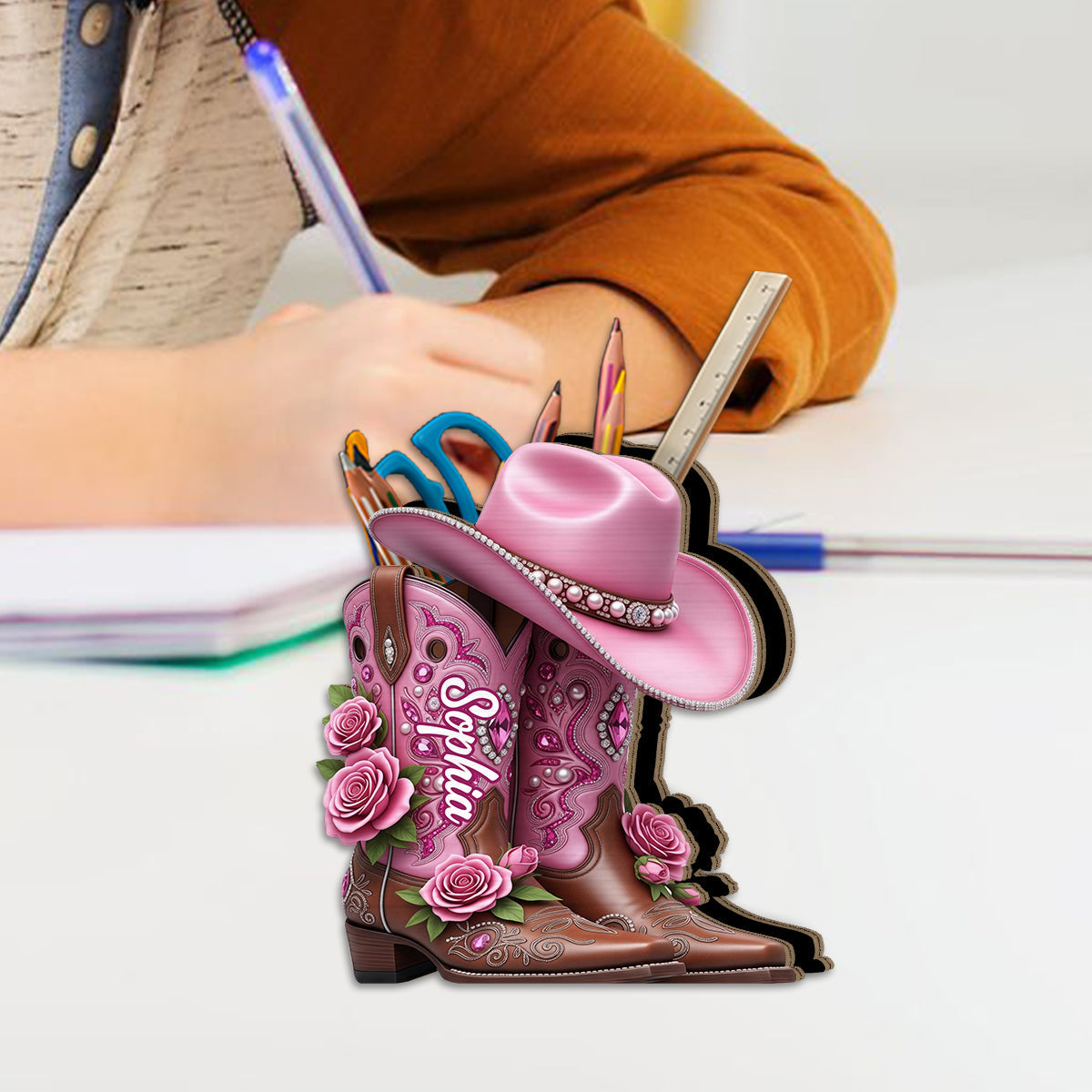 Cowgirl-Stiefel – Personalisierter Schminkpinselhalter aus Holz im Cowgirl-Stil