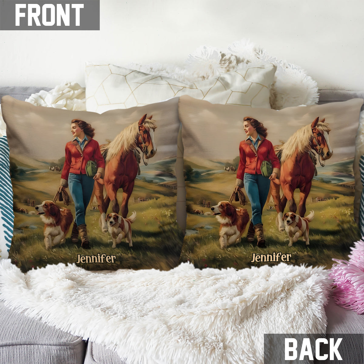 She Loves Horses And Dogs - Personalized Horse Throw Pillow