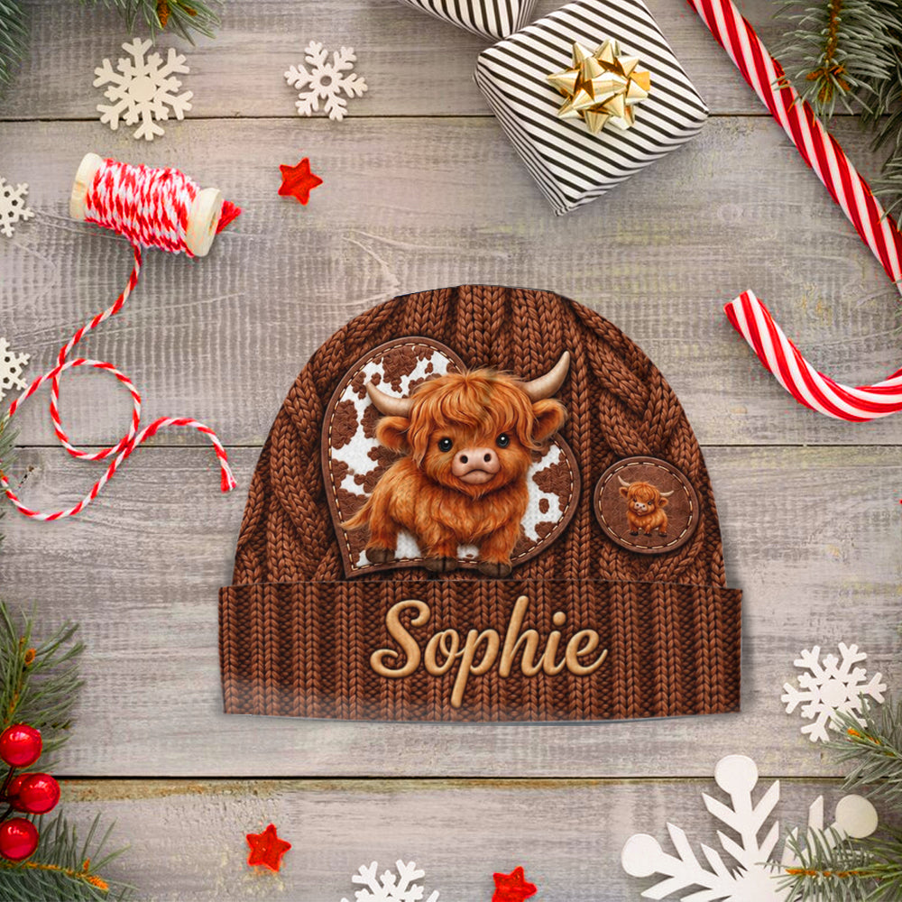 Cute Highland Cow - Personalized Highland Cow Beanie Hat & Knitted Mittens