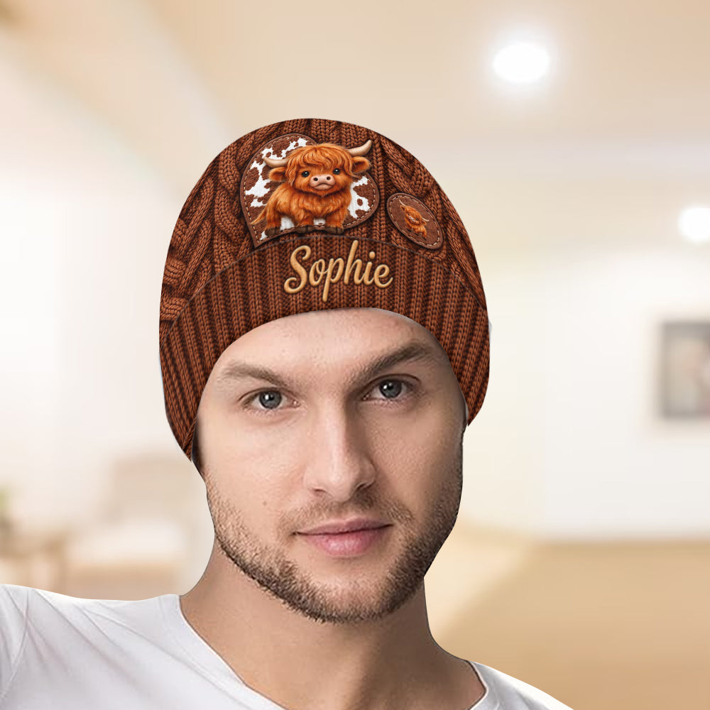 Cute Highland Cow - Personalized Highland Cow Beanie Hat & Knitted Mittens