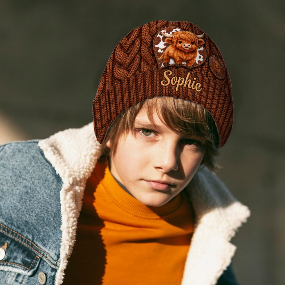 Cute Highland Cow - Personalized Highland Cow Beanie Hat & Knitted Mittens