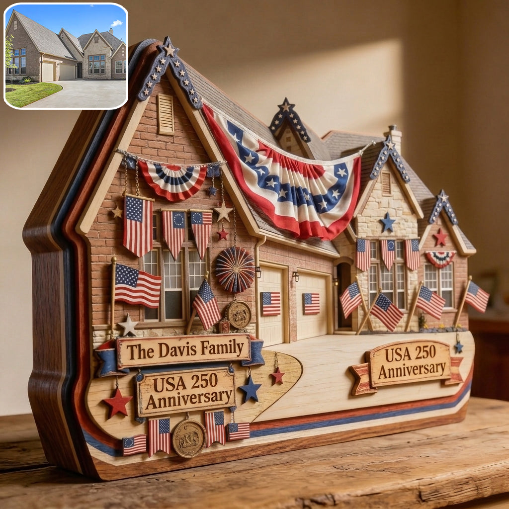 American House 250 Jubiläum - Personalisierte Familien Holzplakette in Sonderform