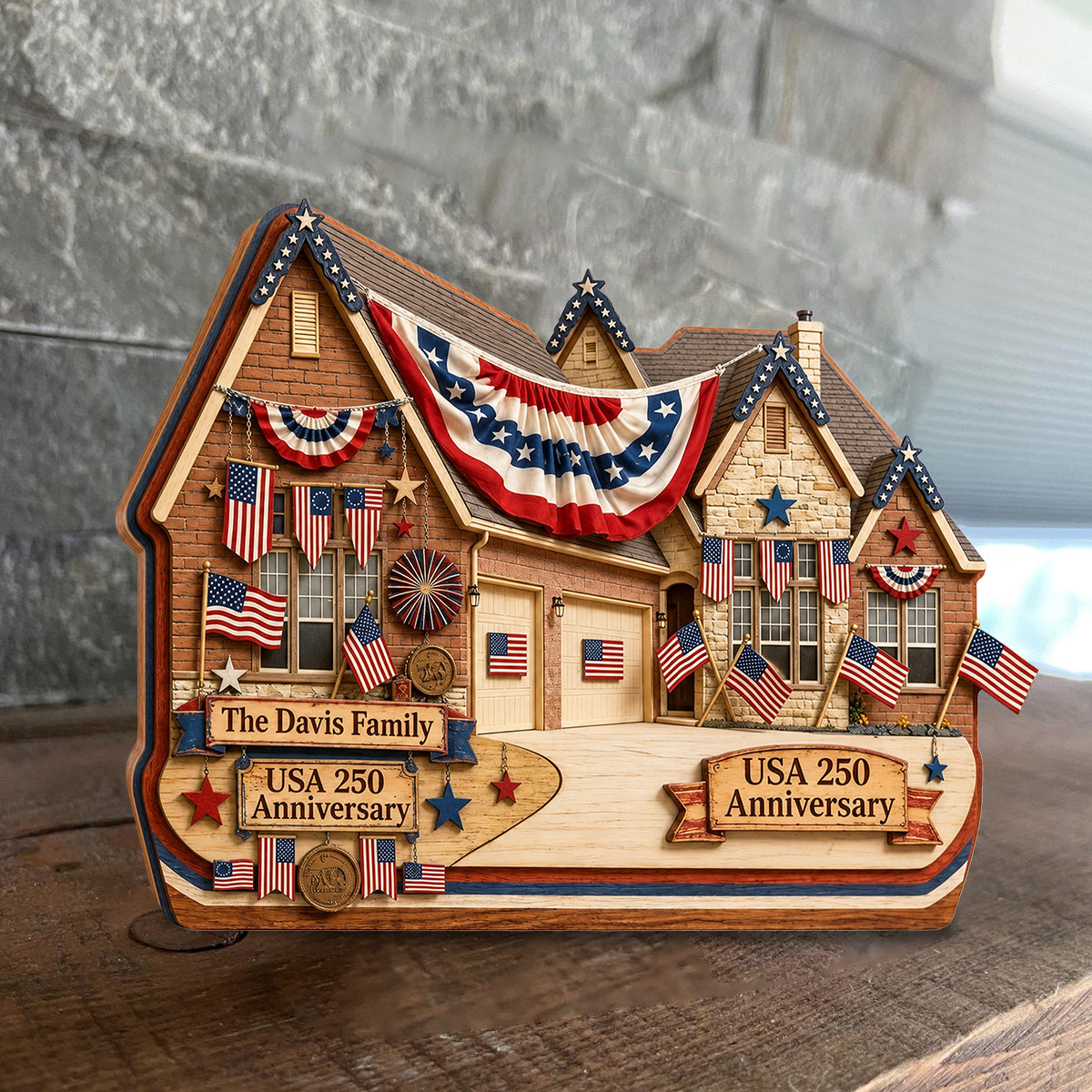 American House 250 Jubiläum - Personalisierte Familien Holzplakette in Sonderform