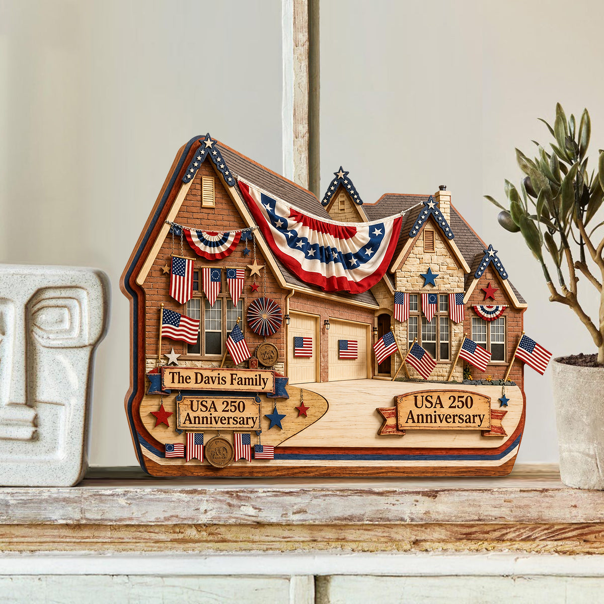 American House 250 Jubiläum - Personalisierte Familien Holzplakette in Sonderform