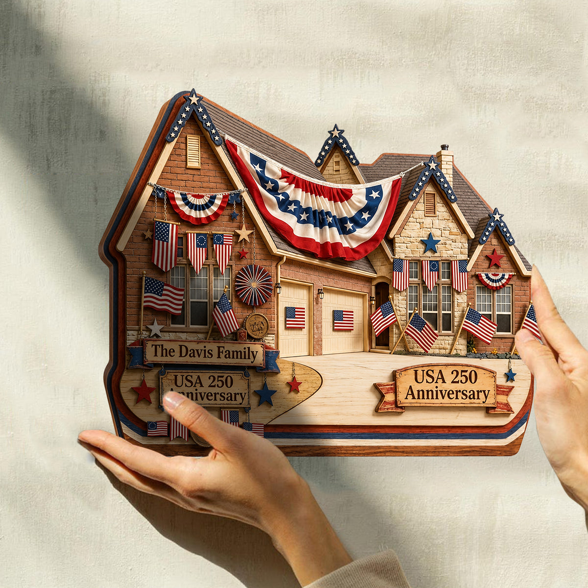 American House 250 Jubiläum - Personalisierte Familien Holzplakette in Sonderform