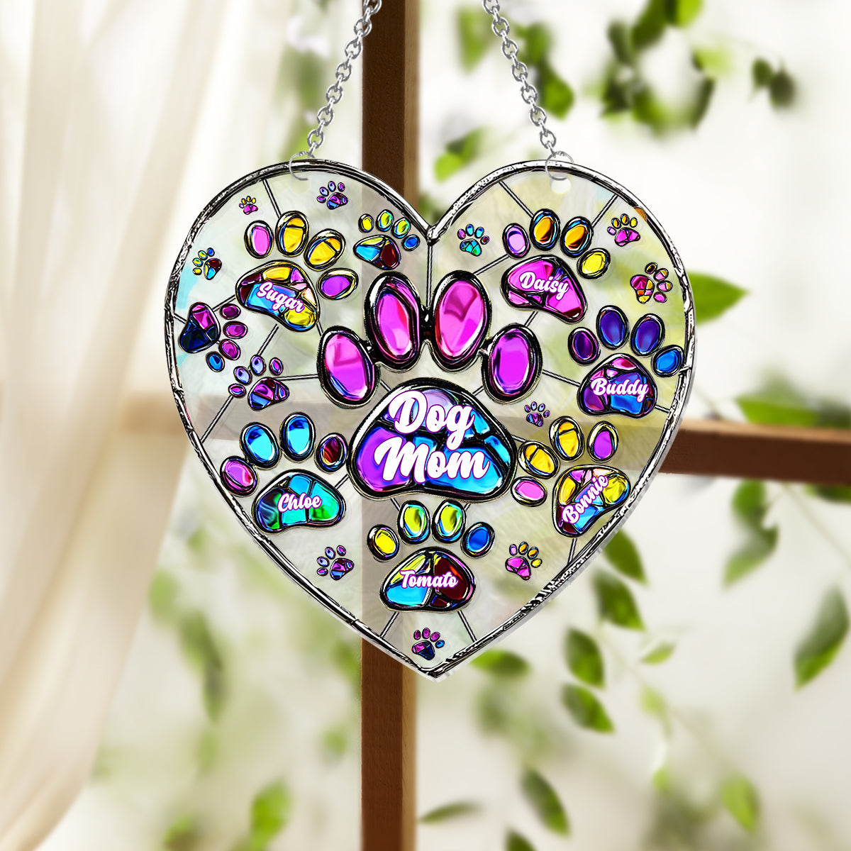 Colorful Heart Paw Dog Mom - Personalized Dog Window Hanging Suncatcher Ornament