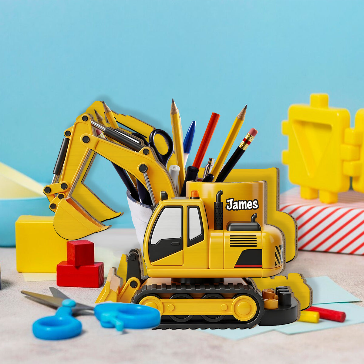 Cool Contruction Vehicle - Personalized Kid Wooden Pen Holder