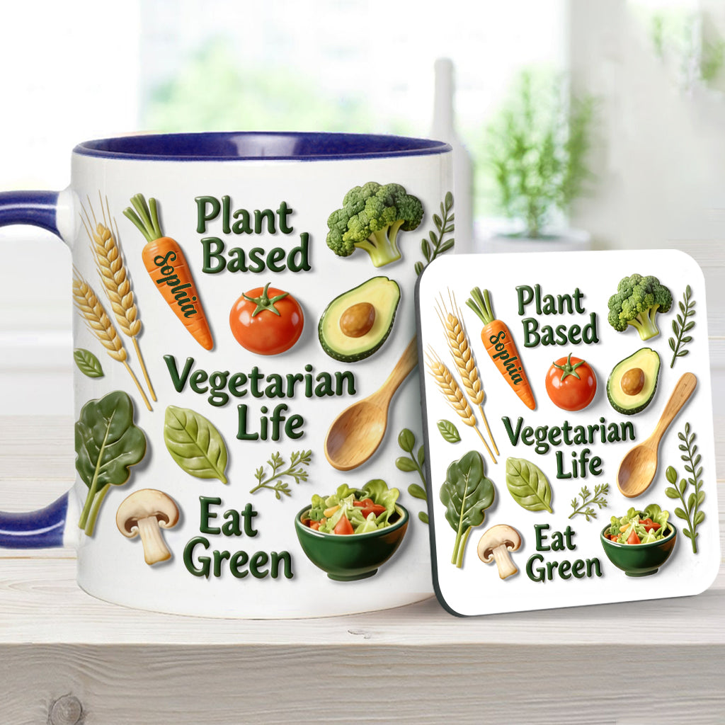 Vegetarisches Leben – Personalisierte Tasse und Untersetzer mit Tierarzt-Motiv