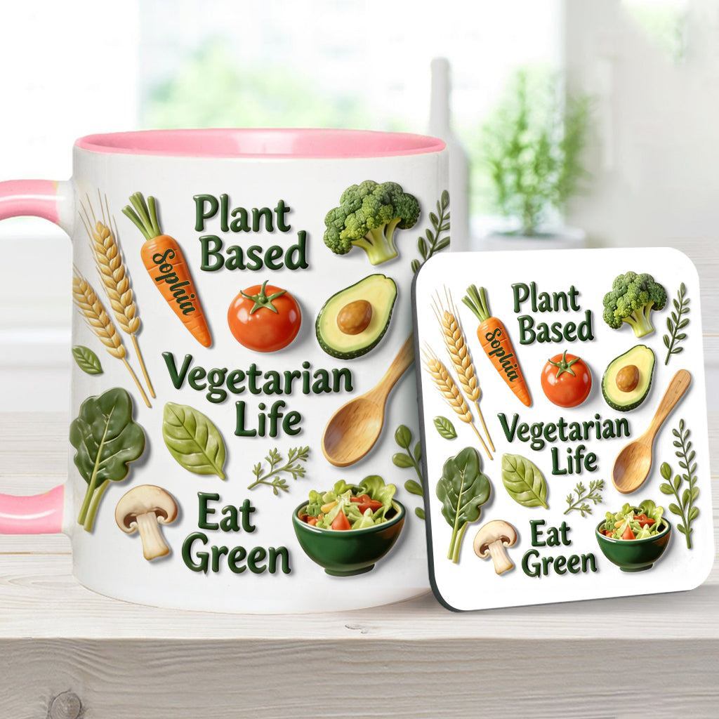 Vegetarisches Leben – Personalisierte Tasse und Untersetzer mit Tierarzt-Motiv