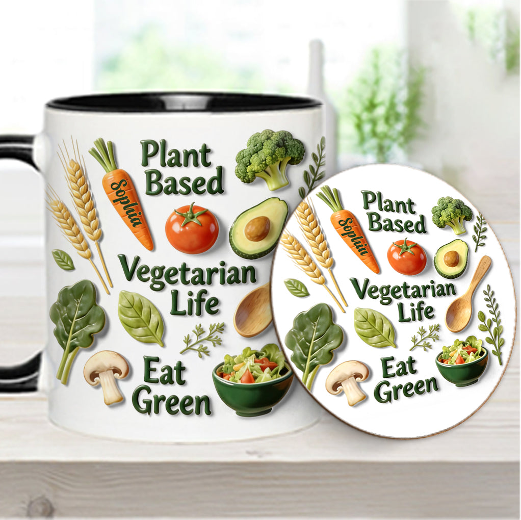 Vegetarisches Leben – Personalisierte Tasse und Untersetzer mit Tierarzt-Motiv