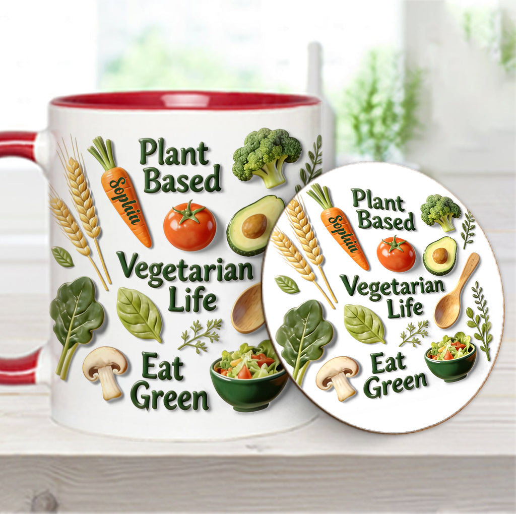 Vegetarisches Leben – Personalisierte Tasse und Untersetzer mit Tierarzt-Motiv