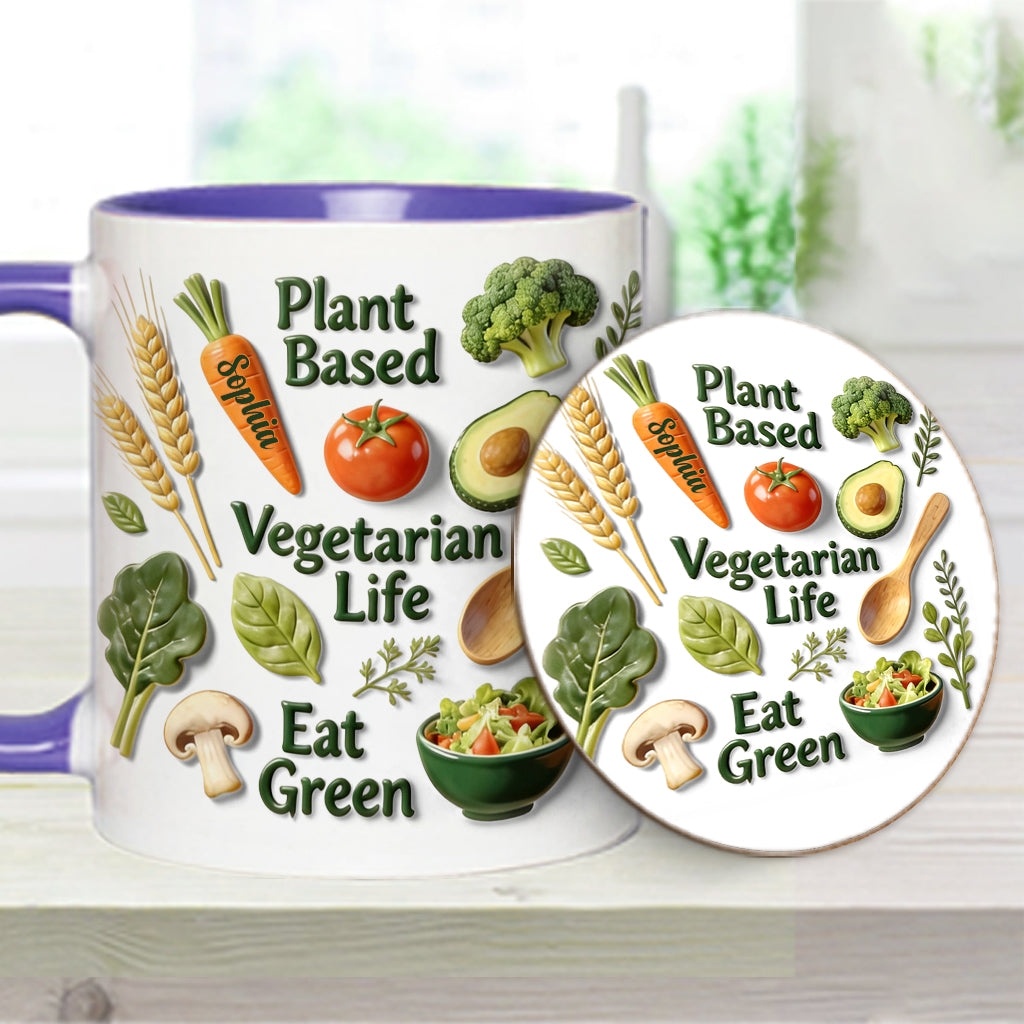 Vegetarisches Leben – Personalisierte Tasse und Untersetzer mit Tierarzt-Motiv