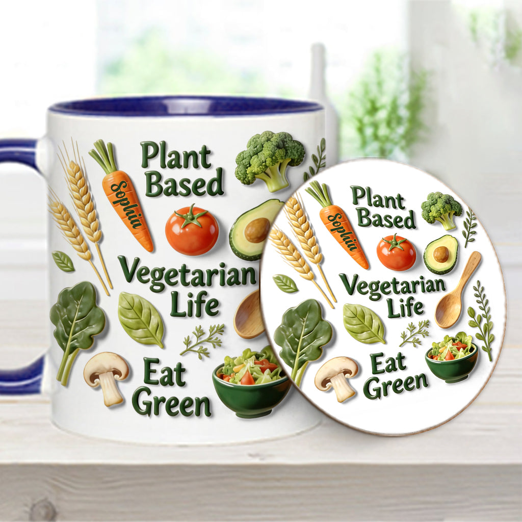 Vegetarisches Leben – Personalisierte Tasse und Untersetzer mit Tierarzt-Motiv