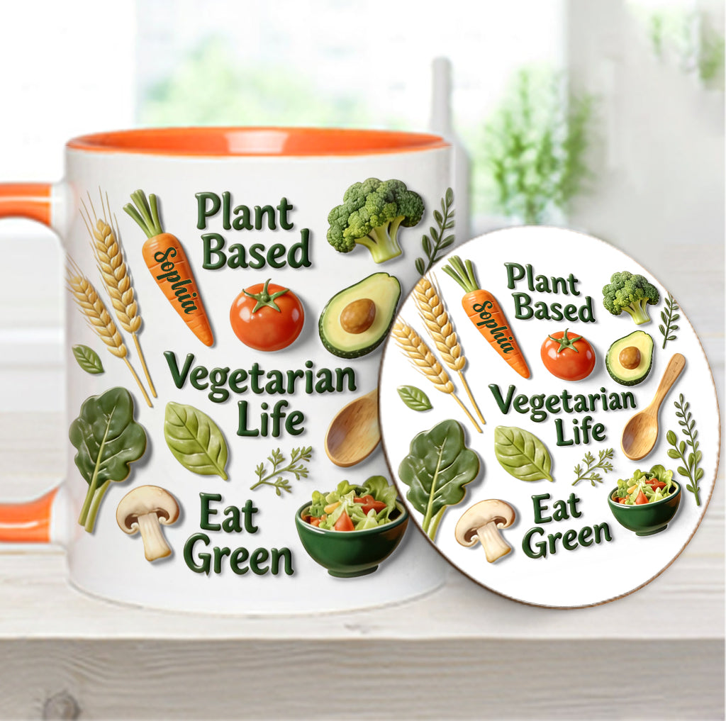Vegetarisches Leben – Personalisierte Tasse und Untersetzer mit Tierarzt-Motiv