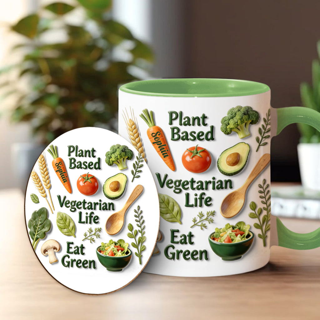 Vegetarisches Leben – Personalisierte Tasse und Untersetzer mit Tierarzt-Motiv
