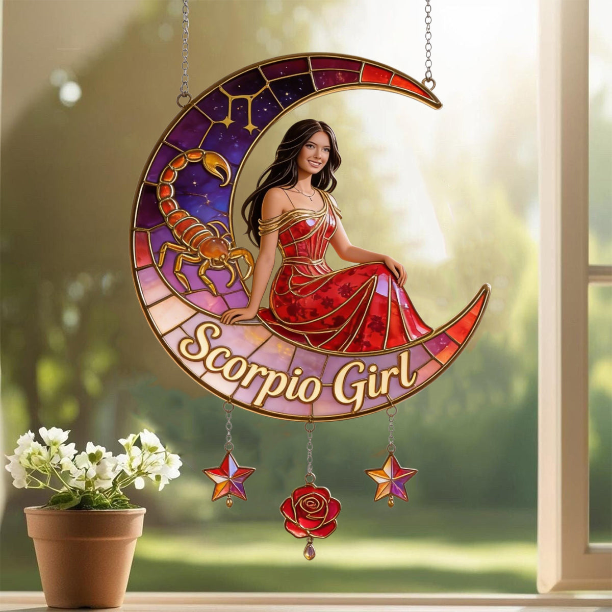 Any Photo Zodiac Style - Personalized Horoscope Window Hanging Suncatcher With Charms