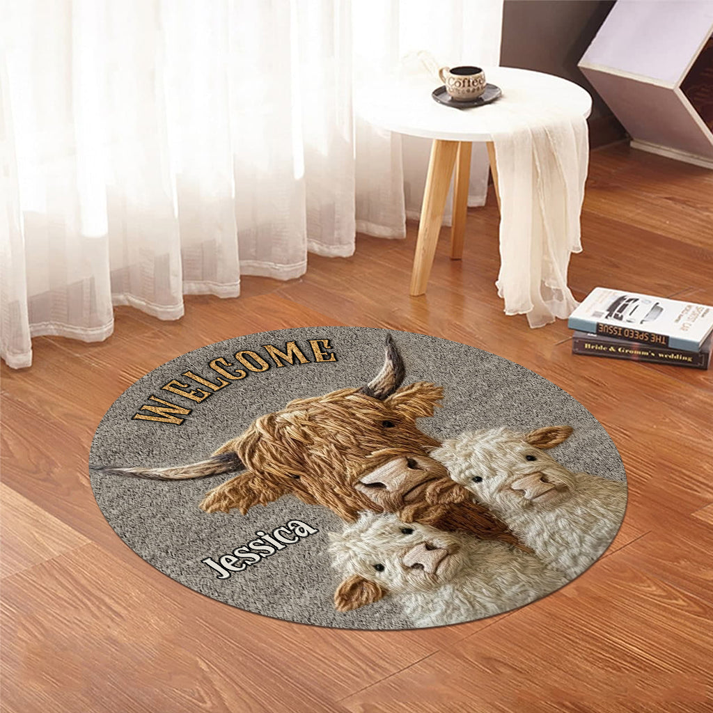 Love Highland Cow Welcome - Personalized Highland Cow Shaped Doormat/ Rug