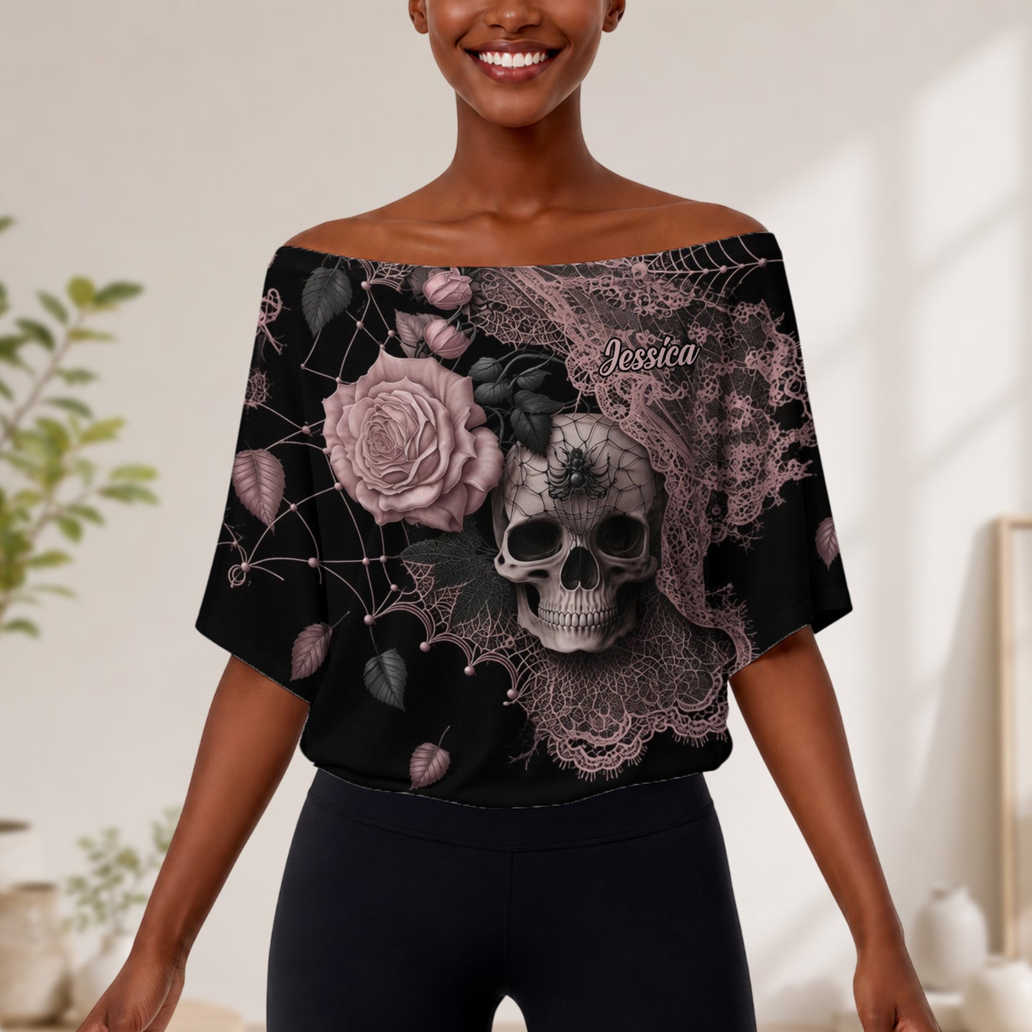 Beautiful Rose Skull - Personalized Skull Off-Shoulder Top Set
