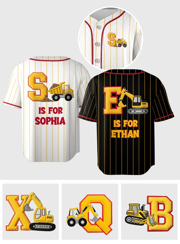 Alphabet Construction Vehicles - Personalized Kid Baseball Jersey