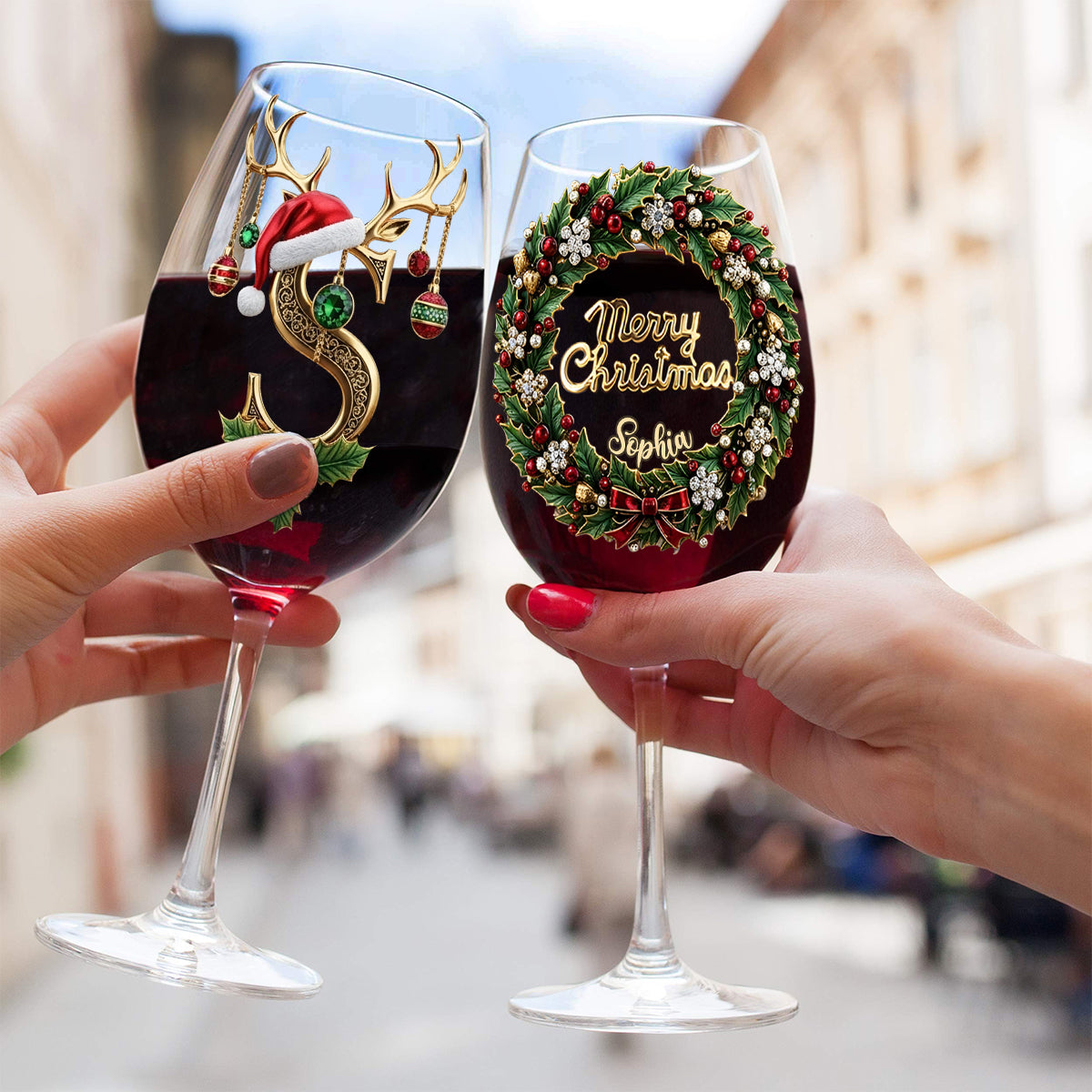 Merry Christmas - Personalized Family Wine Glass With Long Stem