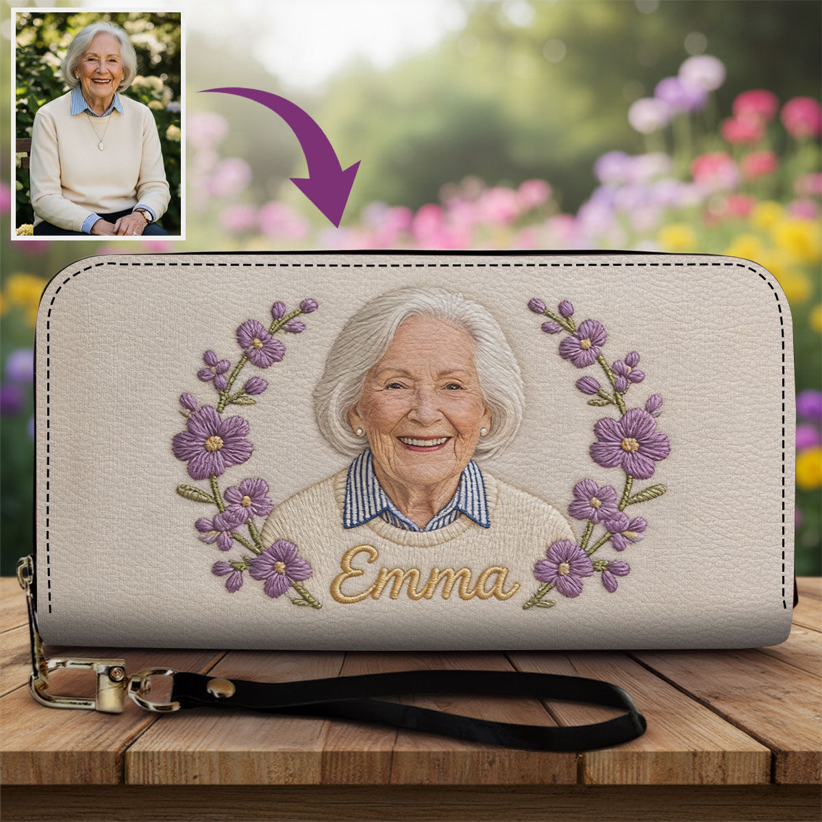 Personalisierte Geburtsblume & Name - Selbstliebe-Geldbörse aus Leder