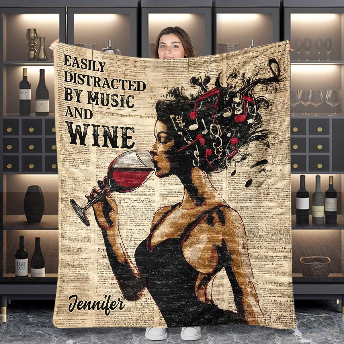 Facilement distrait par la musique et le vin - Couverture à vin personnalisée