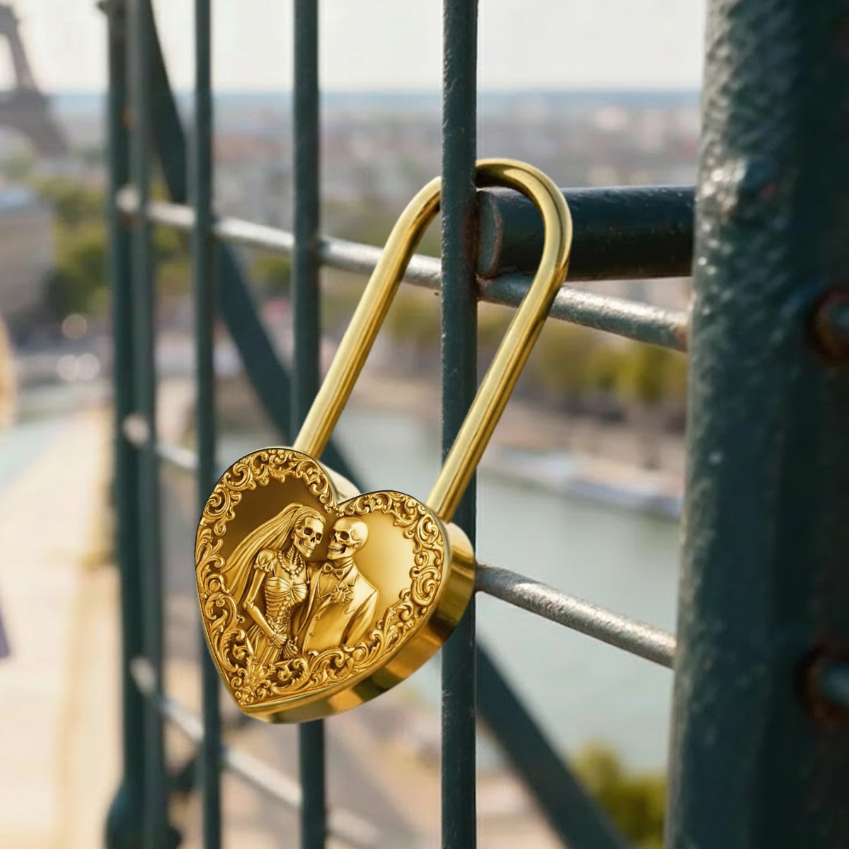 Unis par l'amour jusqu'à ce que la mort nous sépare - Cadenas personnalisé en forme de crâne et de cœur