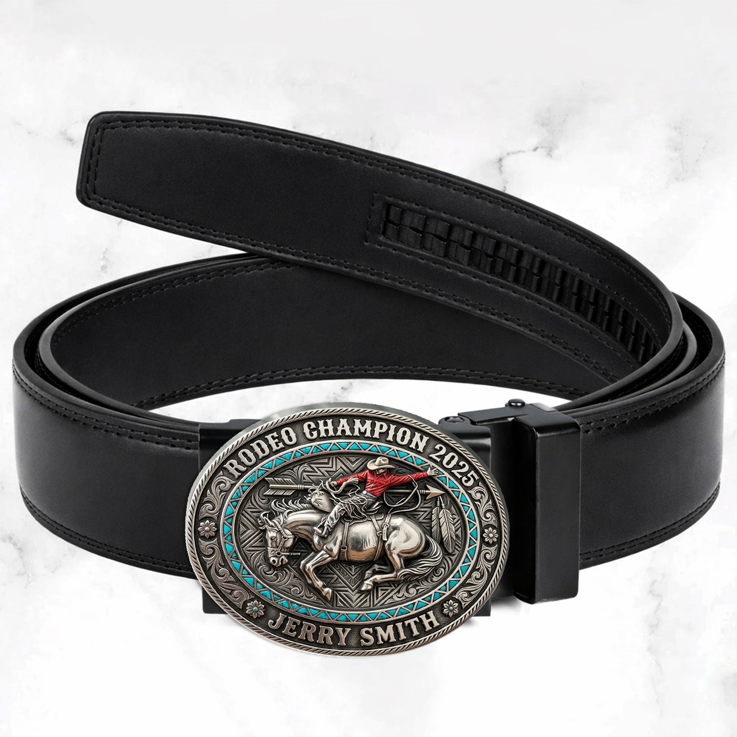 Custom From Any Photo, Rodeo Gift, Bull Riding - Personalized Western Outfit Leather Belt With Shaped Buckle