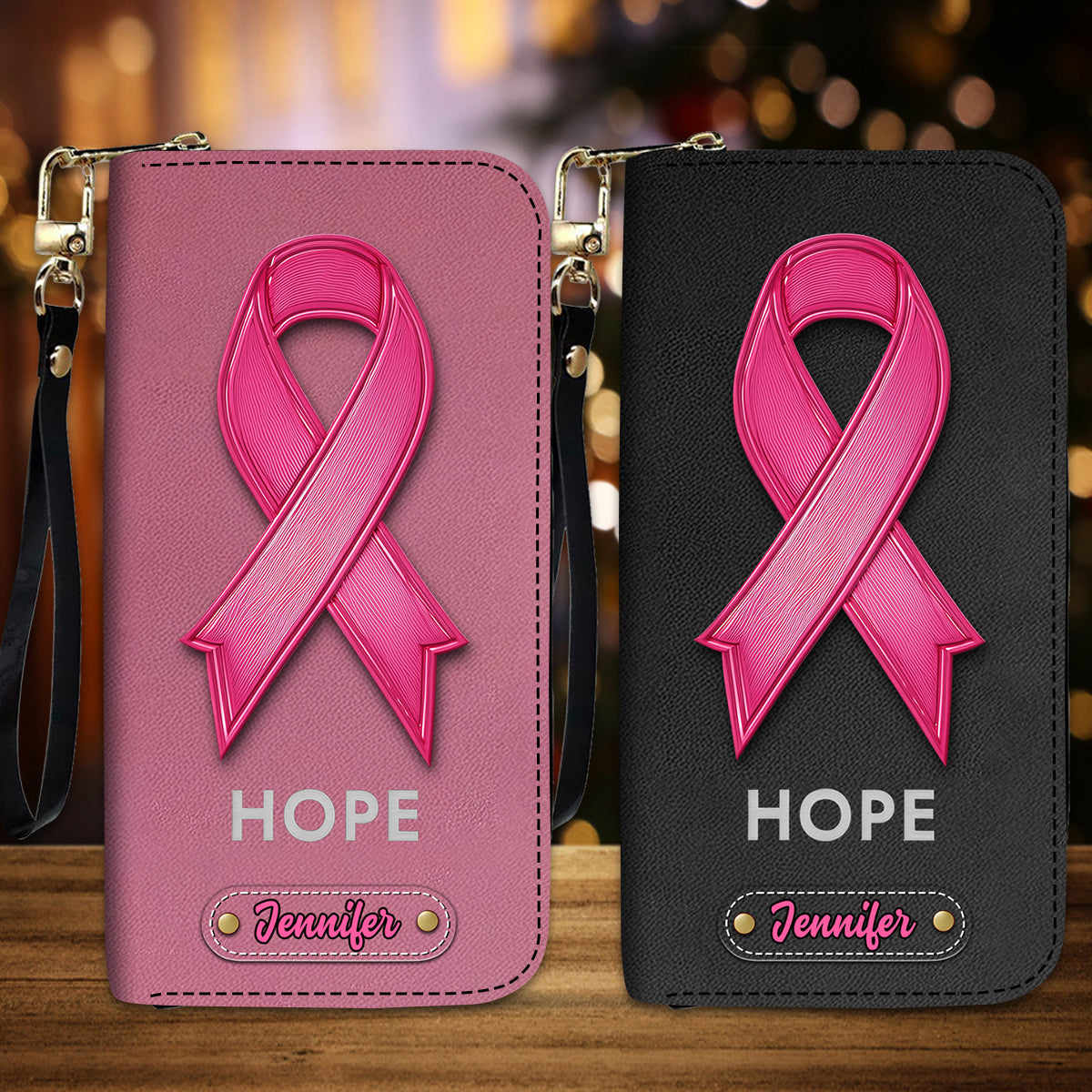 Hope - Personalized Breast Cancer Awareness Leather Long Wallet