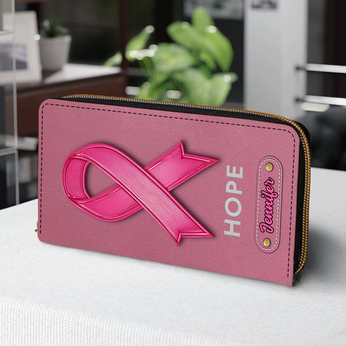 Hope - Personalized Breast Cancer Awareness Leather Long Wallet