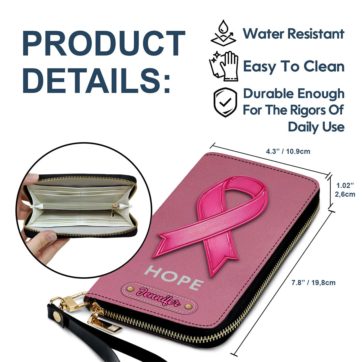 Hope - Personalized Breast Cancer Awareness Leather Long Wallet