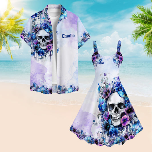 Watercolor Floral Skull - Personalized Skull Hawaiian Shirt & Sleeveless Dress