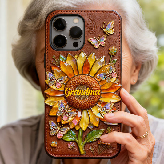 Grandma Sunflower - Personalized Grandma 3D Embossed Leather Phone Case