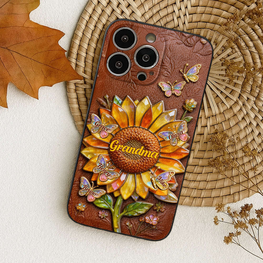 Grandma Sunflower - Personalized Grandma 3D Embossed Leather Phone Case