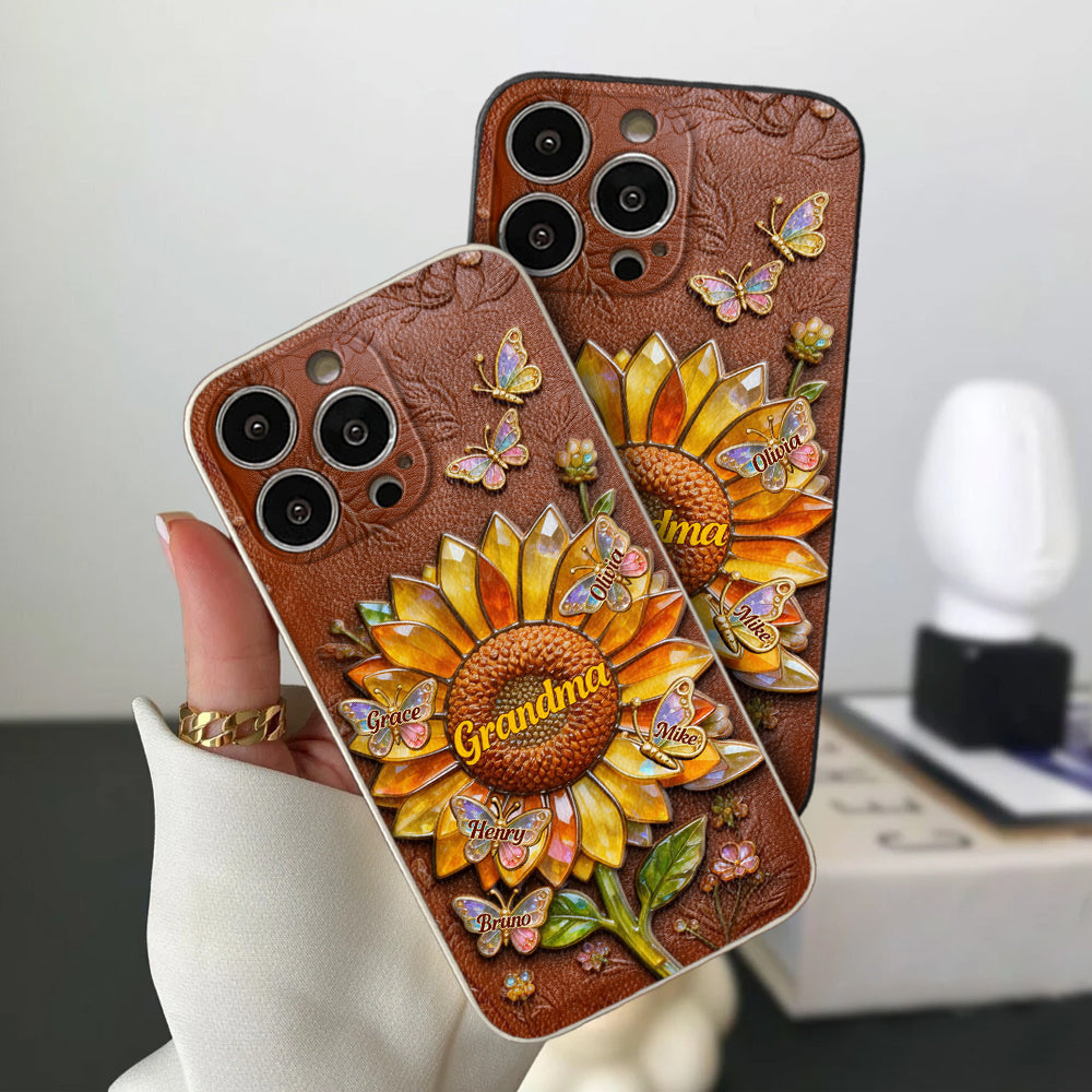 Grandma Sunflower - Personalized Grandma 3D Embossed Leather Phone Case