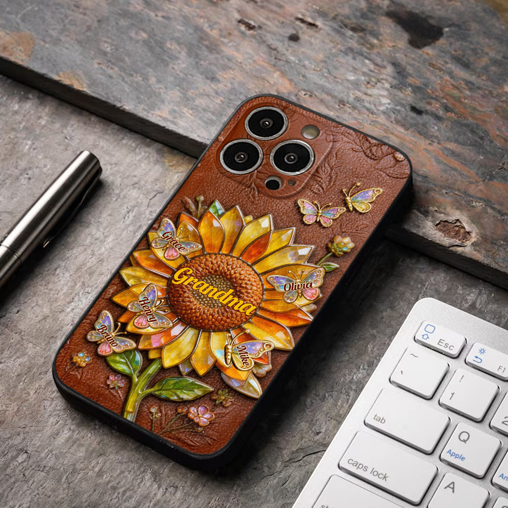 Grandma Sunflower - Personalized Grandma 3D Embossed Leather Phone Case