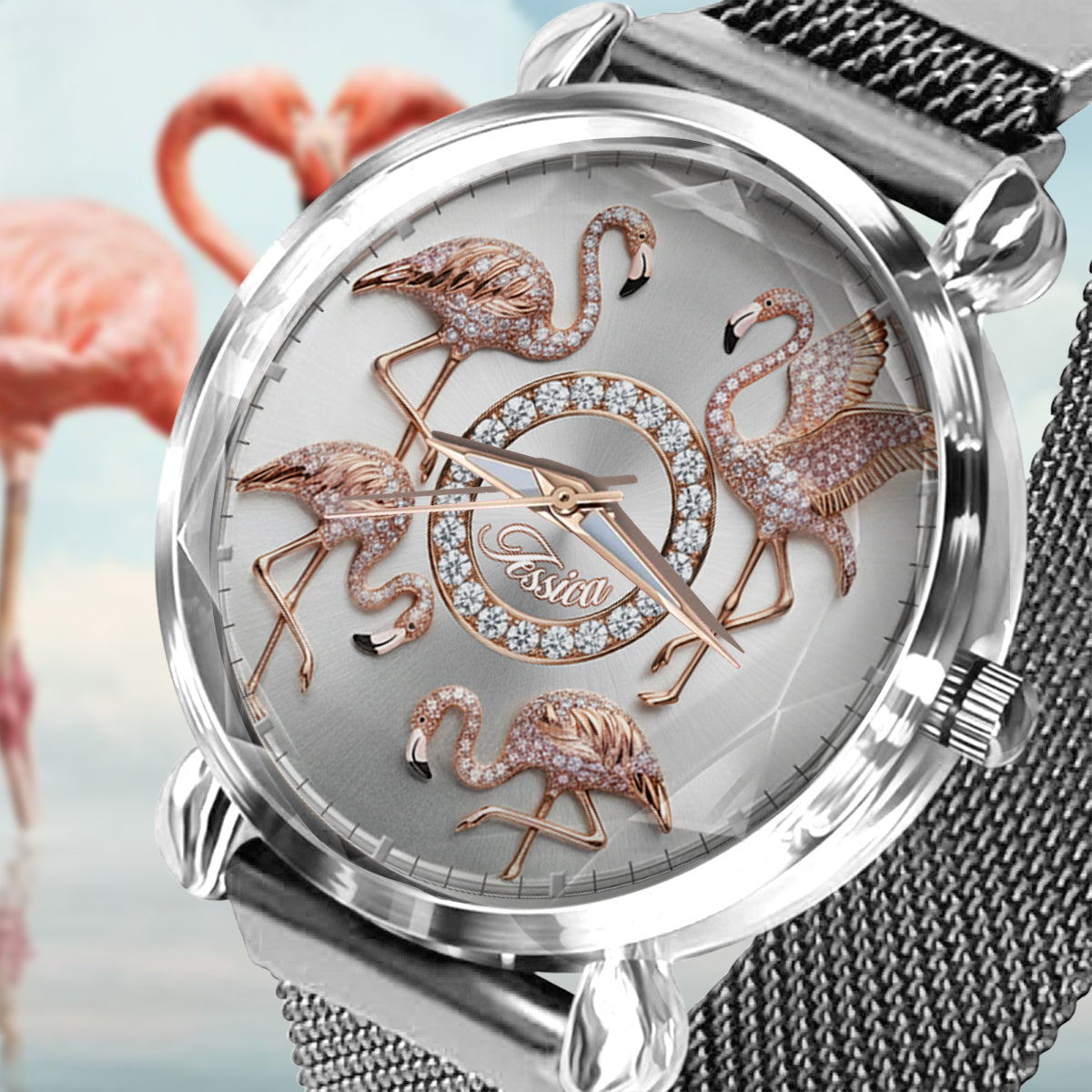 Flamingos lieben – Personalisierte Flamingo-Damenhanduhr 