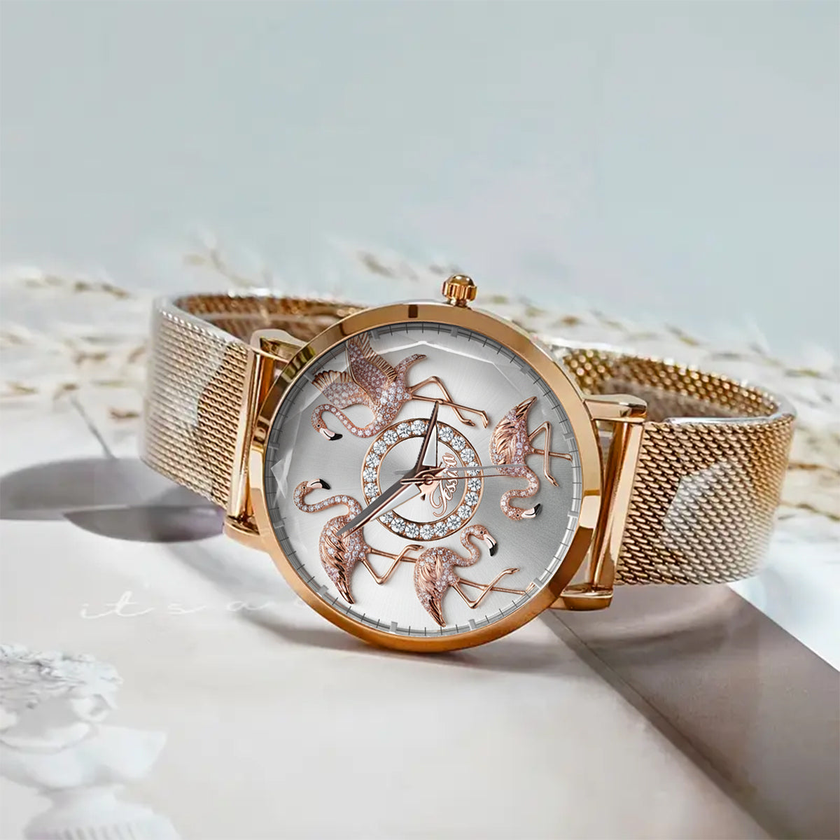 Flamingos lieben – Personalisierte Flamingo-Damenhanduhr 