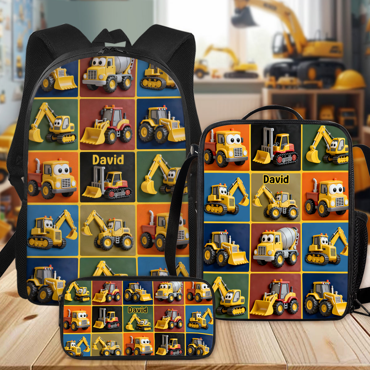 Construction Machines - Personalized Kid Backpack Lunch Bag Pencil Case Set