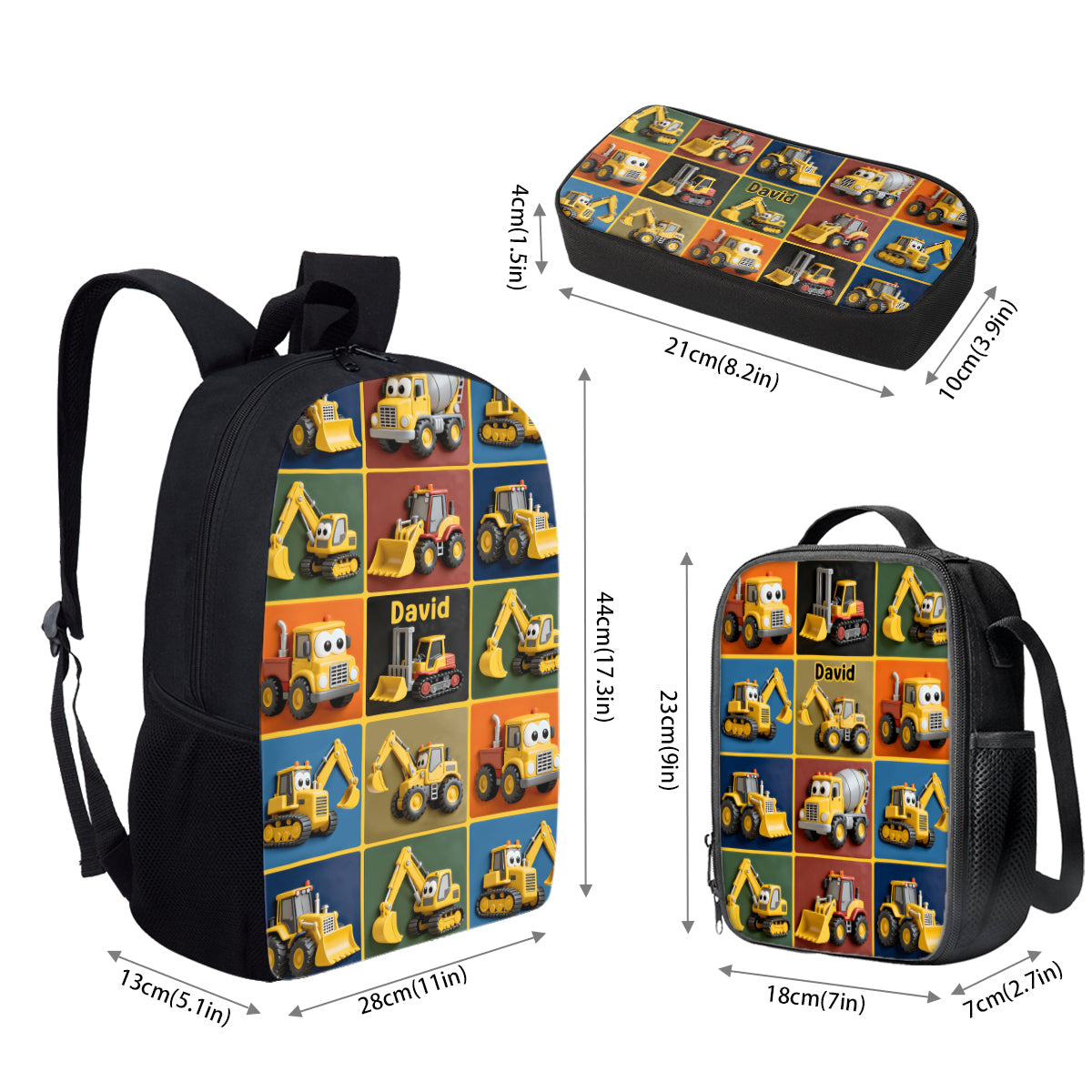 Construction Machines - Personalized Kid Backpack Lunch Bag Pencil Case Set