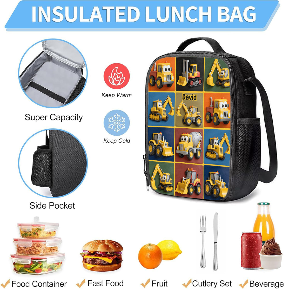 Construction Machines - Personalized Kid Backpack Lunch Bag Pencil Case Set