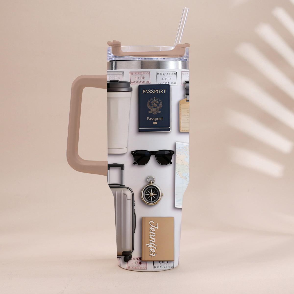 Gobelet isotherme de voyage personnalisé avec poignée « J’adore voyager »