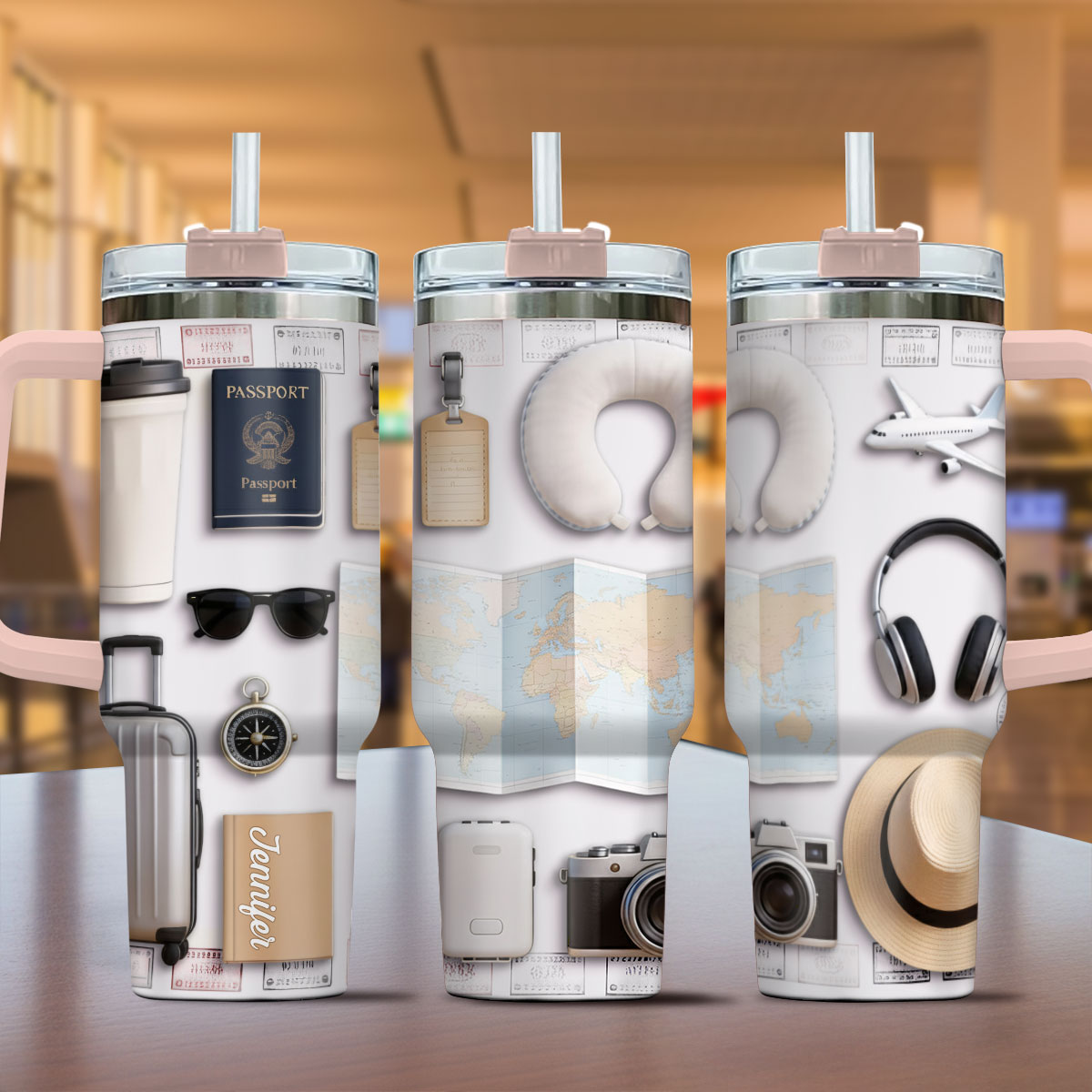 Gobelet isotherme de voyage personnalisé avec poignée « J’adore voyager »