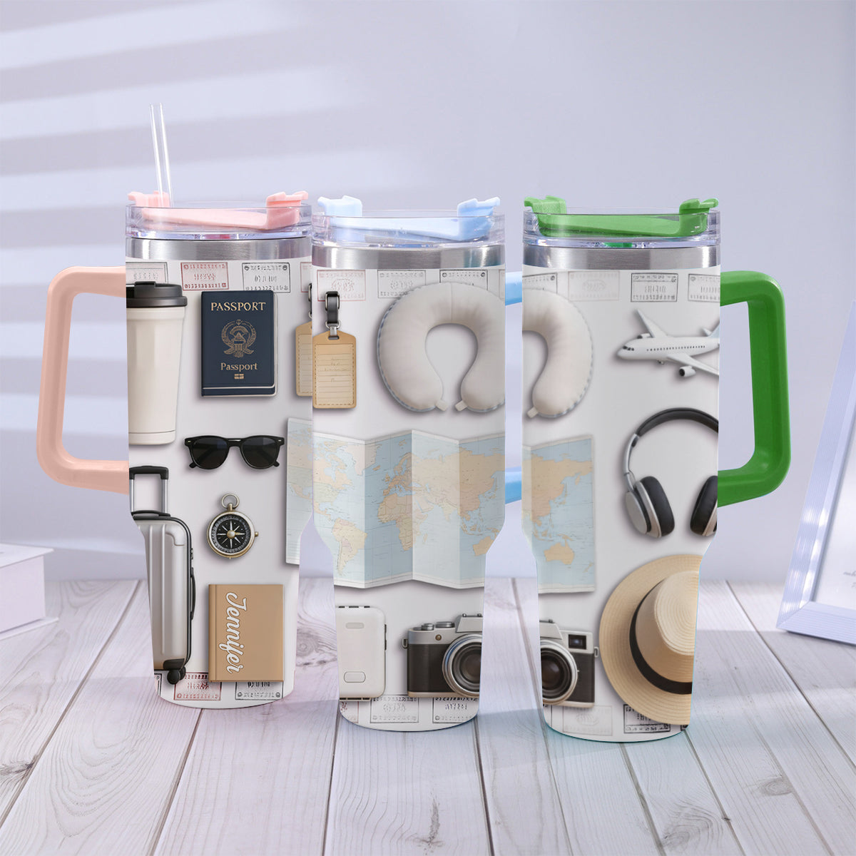 Gobelet isotherme de voyage personnalisé avec poignée « J’adore voyager »