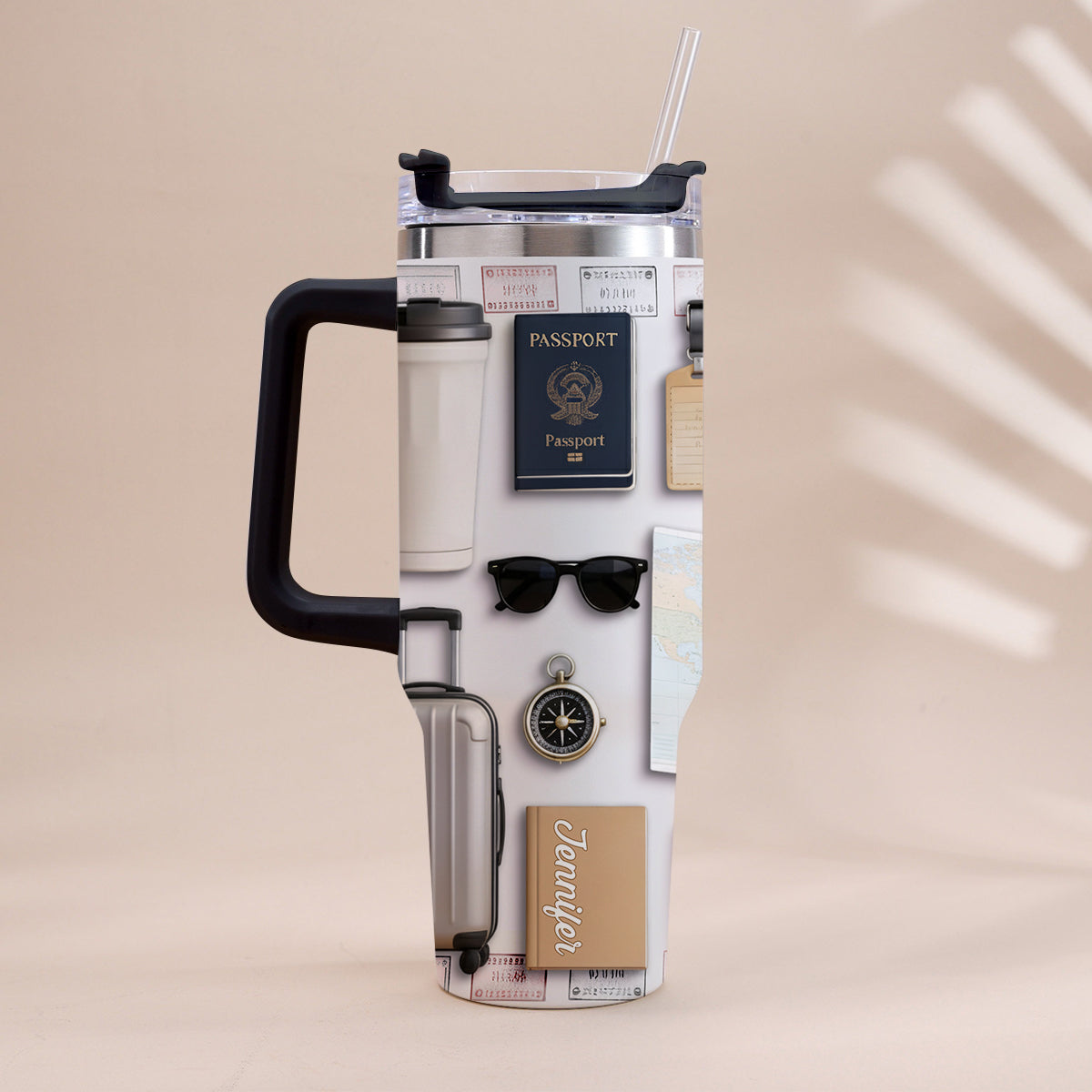 Gobelet isotherme de voyage personnalisé avec poignée « J’adore voyager »